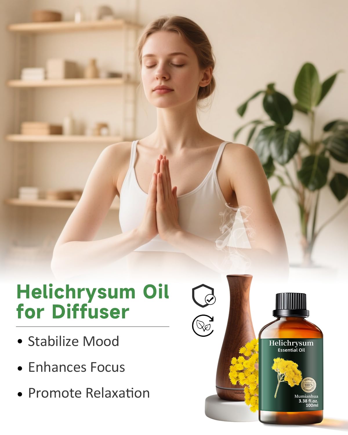 Mumianhua diffuseur aromatique avec helichryse — ambiance apaisante et concentration améliorée.