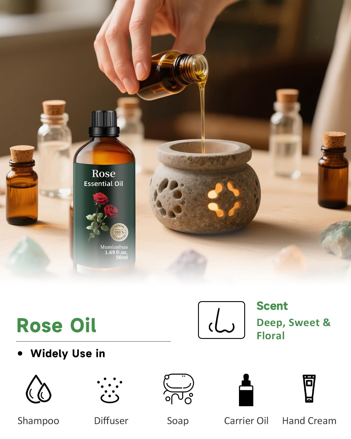 Créations DIY Mumianhua: huile rose pour savons, bougies et huiles de bain aromatiques.