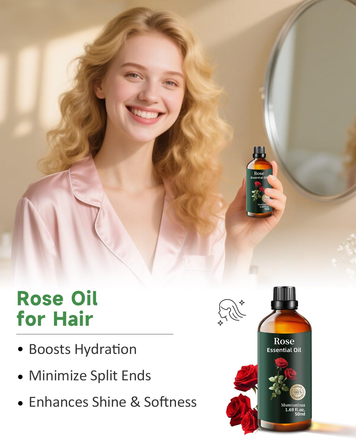Soin cheveux Mumianhua, huile de rose pour fortifier et briller.