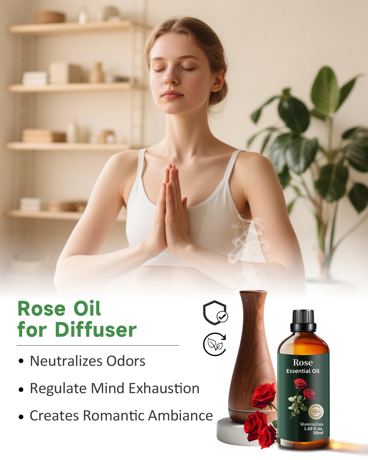 Diffusion parfumée Mumianhua, huile de rose pour ambiance apaisante et riche en parfum.