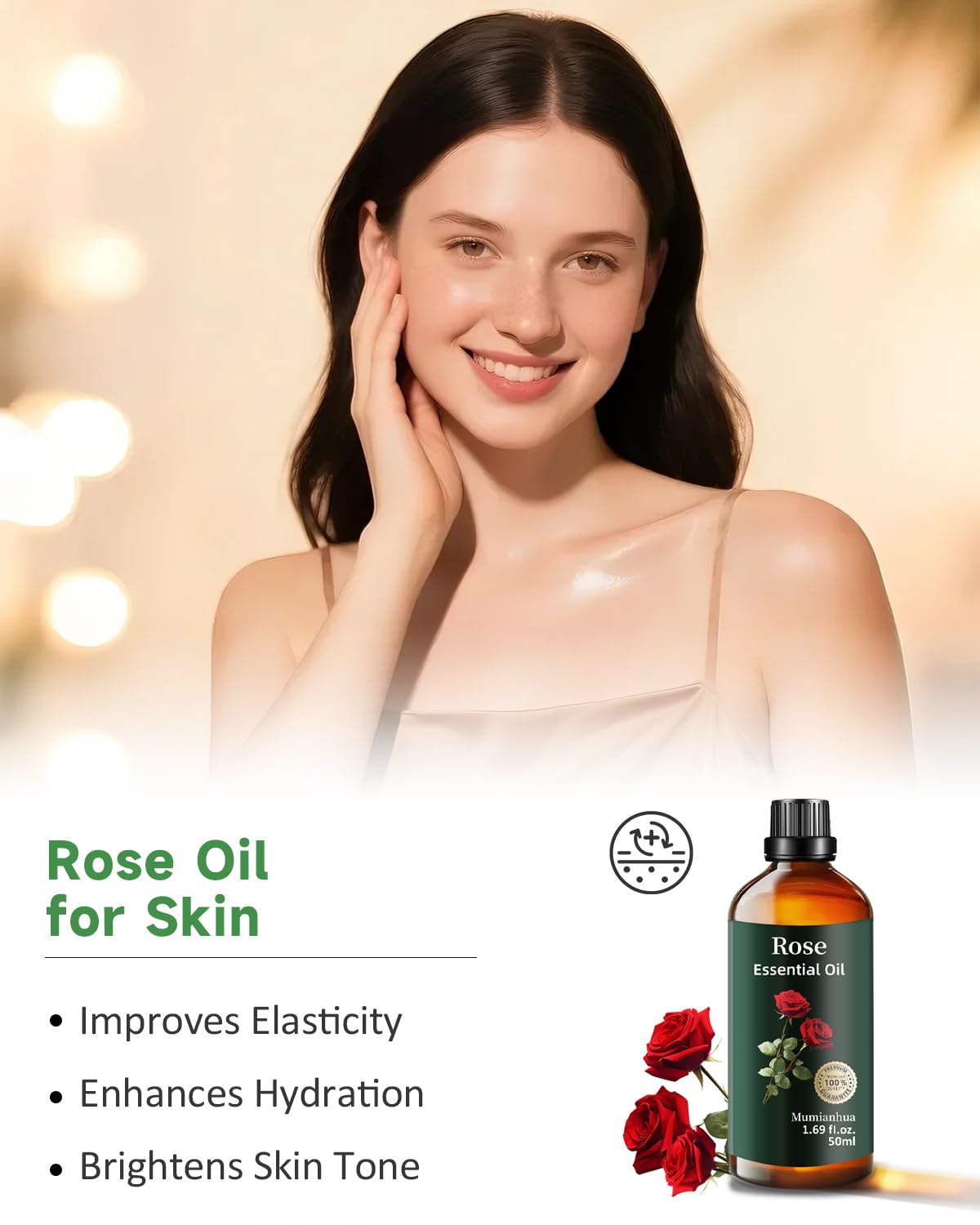 Soin peau Mumianhua à l'huile de rose, hydratation délicate et éclat naturel.