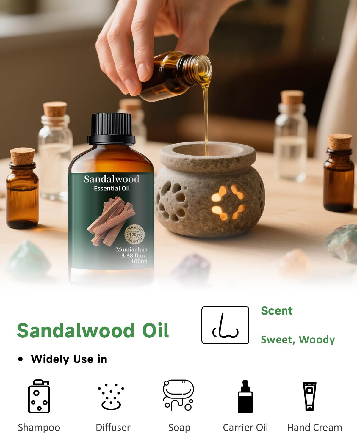 Mélange lavande chamomille avec Mumianhua santal pour diffusion détendue.