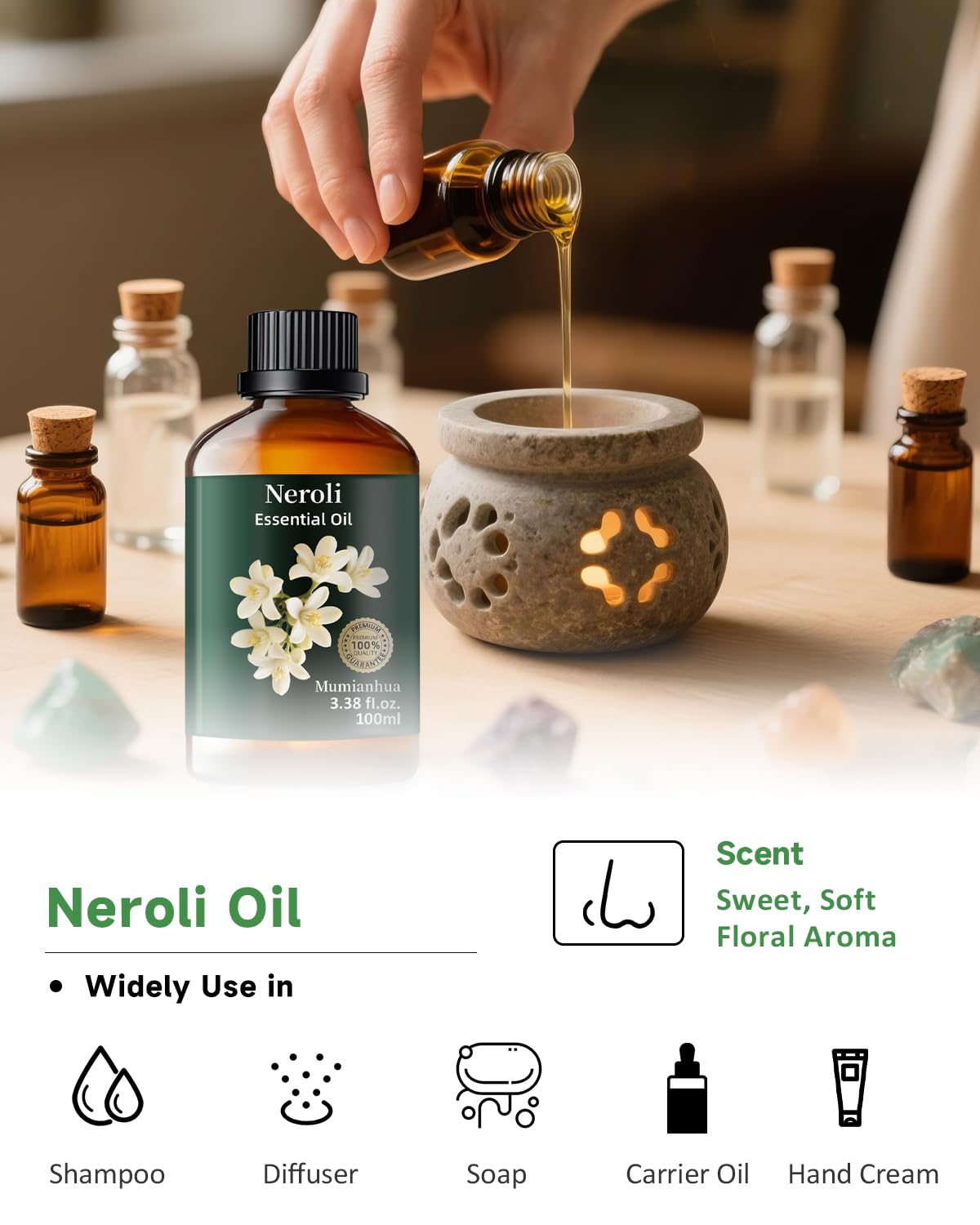 Ajout Neroli Mumianhua au shampoing pour cheveux revitalisés.