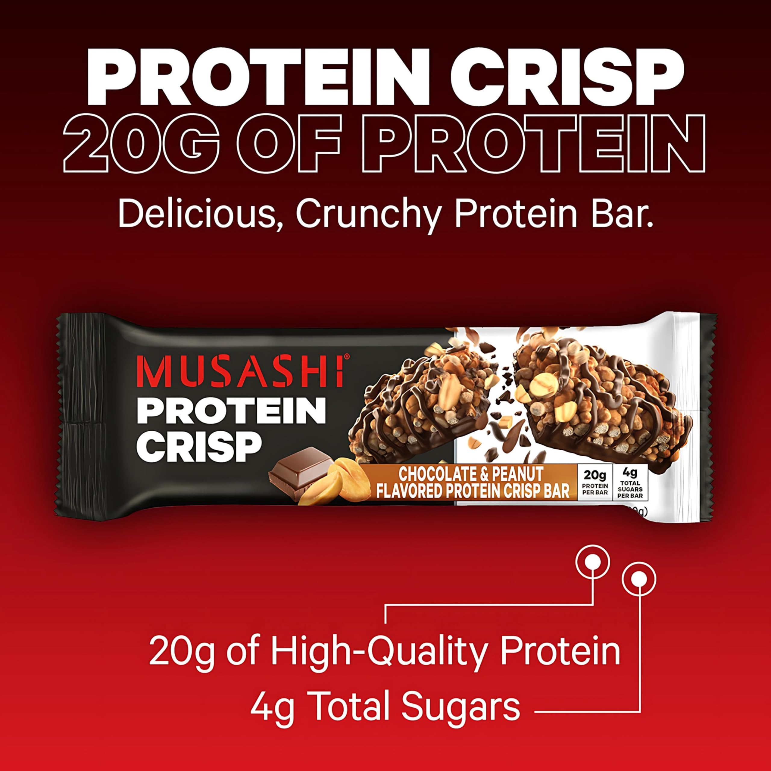 Barre Musashi Protein Crisp avec chocolat lait et cacahuètes pour une dégustation gourmande