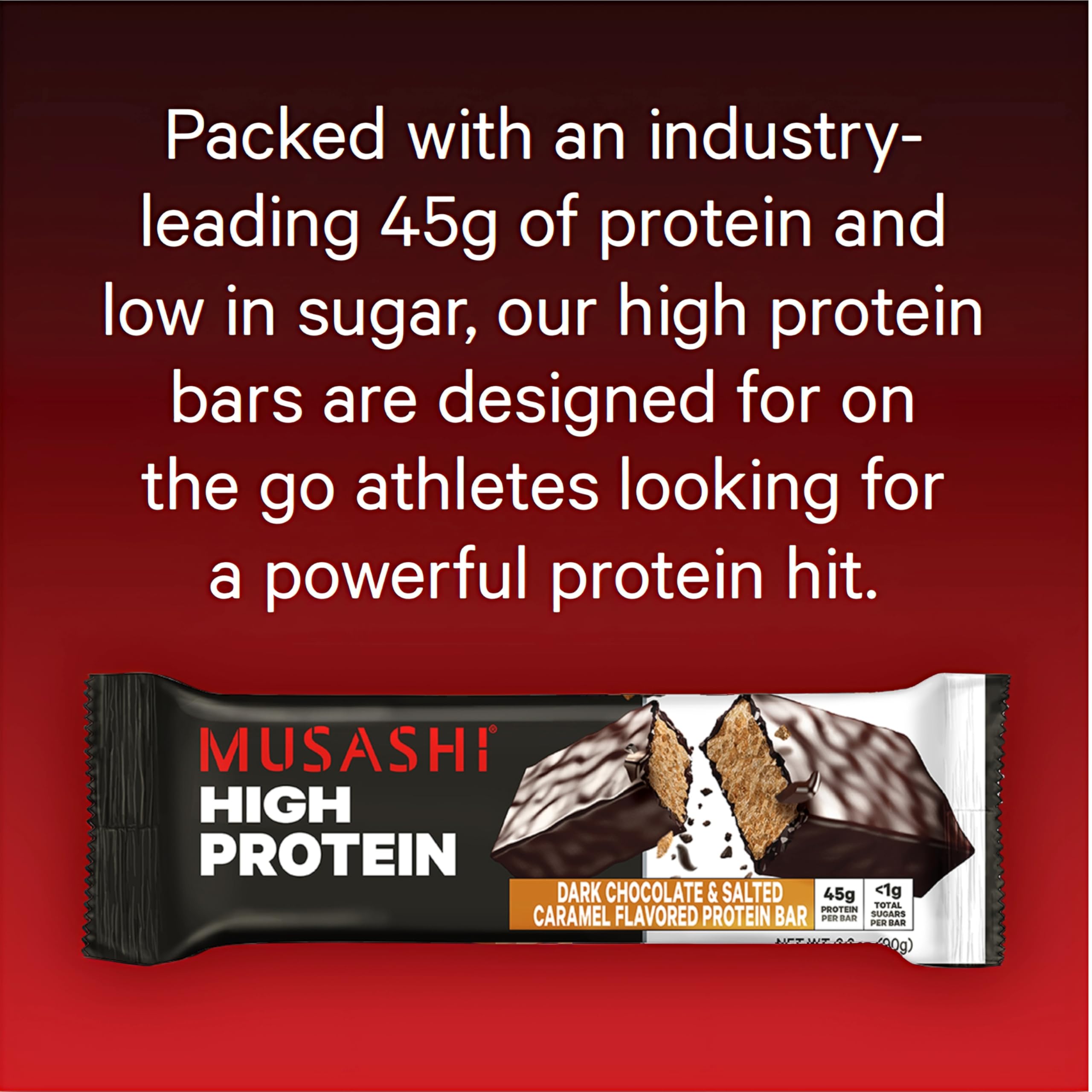 Barre MUSASHI chocolat noir sel caramel, texture riche et gourmande.