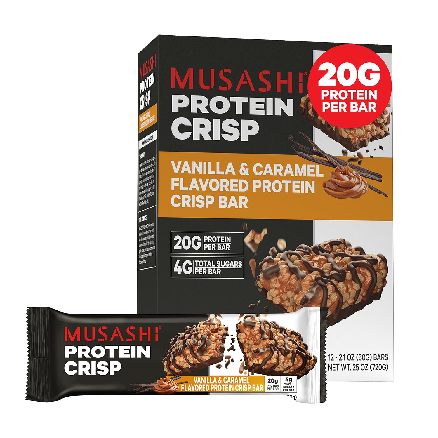 Barre MUSASHI Protéine Crisp emballage, collation rapide idéale.