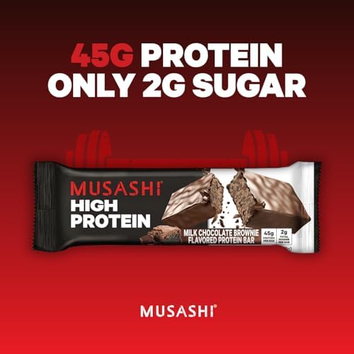 Barre MUSASHI 2 g de sucres, option légère pour snack protéiné.