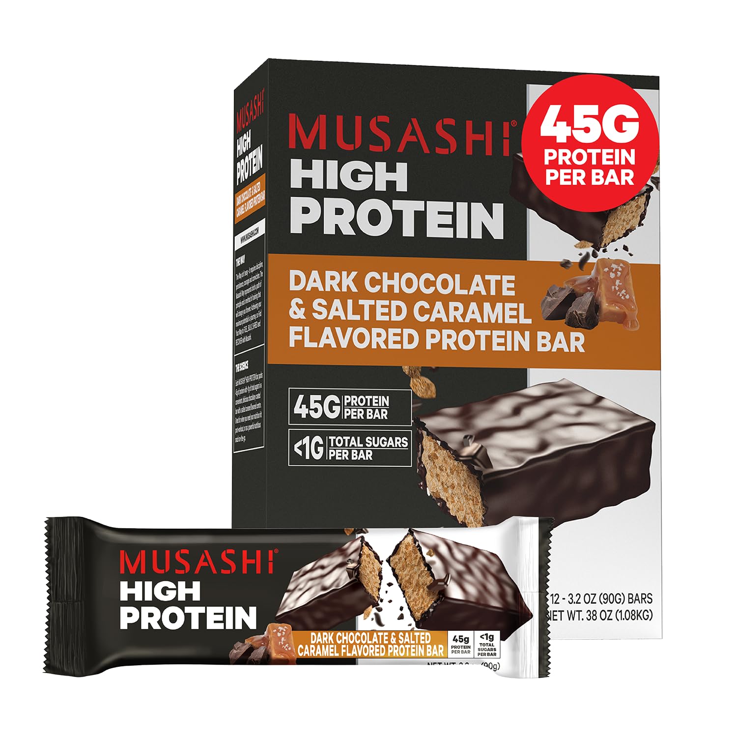 Barre MUSASHI protéinée 45 g en emballage, snack pratique post-entraînement.