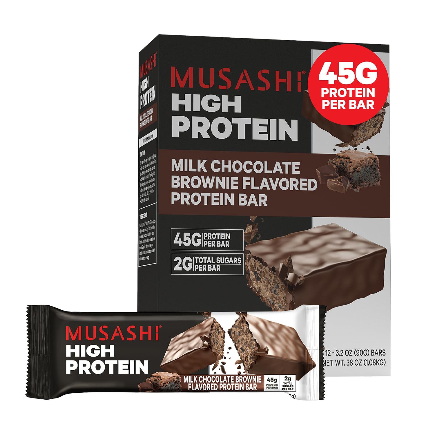 Barre MUSASHI protéines 45 g, emballage visible, idéale récupération après exercice.