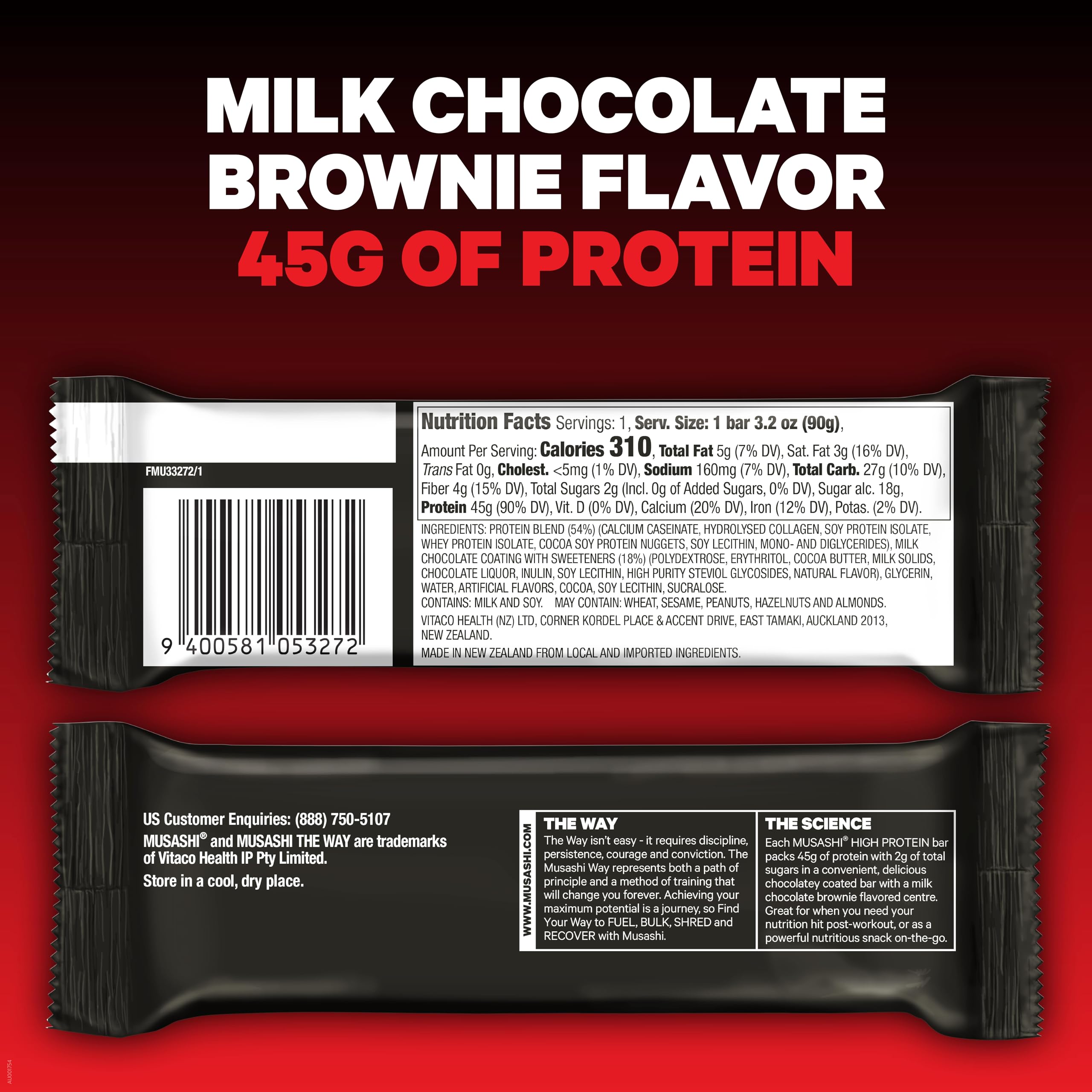 Barre chocolat lait MUSASHI, aspect brownie, goût riche et énergisant.