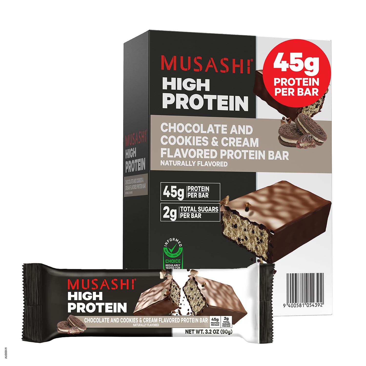 Barre MUSASHI Protéine Cookies & Crème, emballage avant, pratique à emporter après l’entraînement.