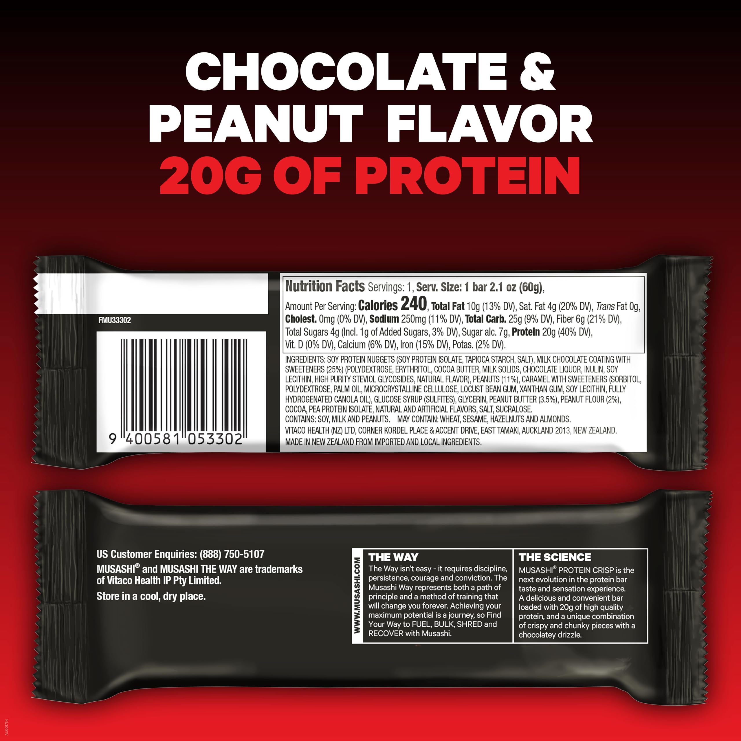 Barre Musashi Protein Crisp indiquant 4 g de sucres pour une collation légère
