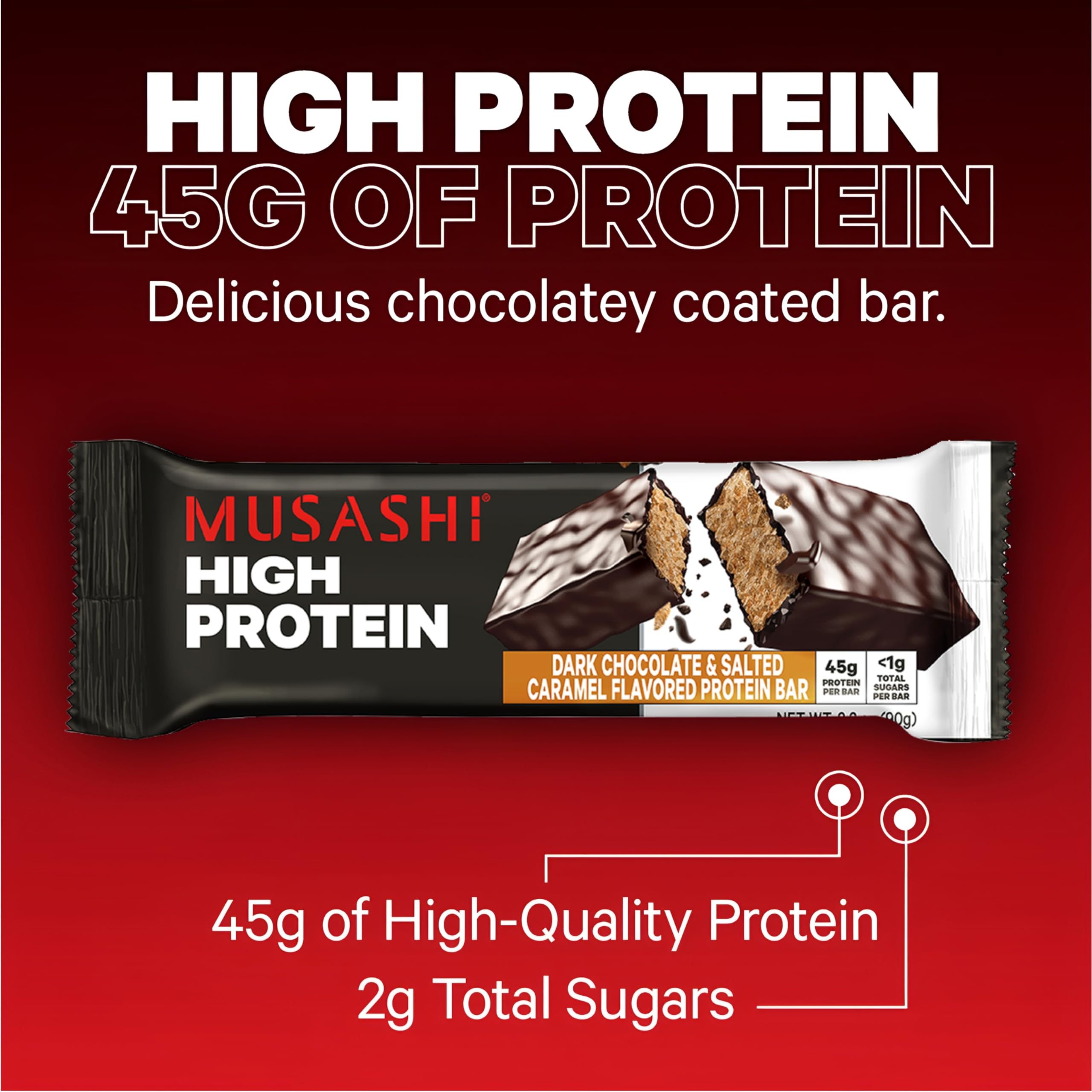 Barre MUSASHI whey protéine isolat, apport élevé et peu lactose.