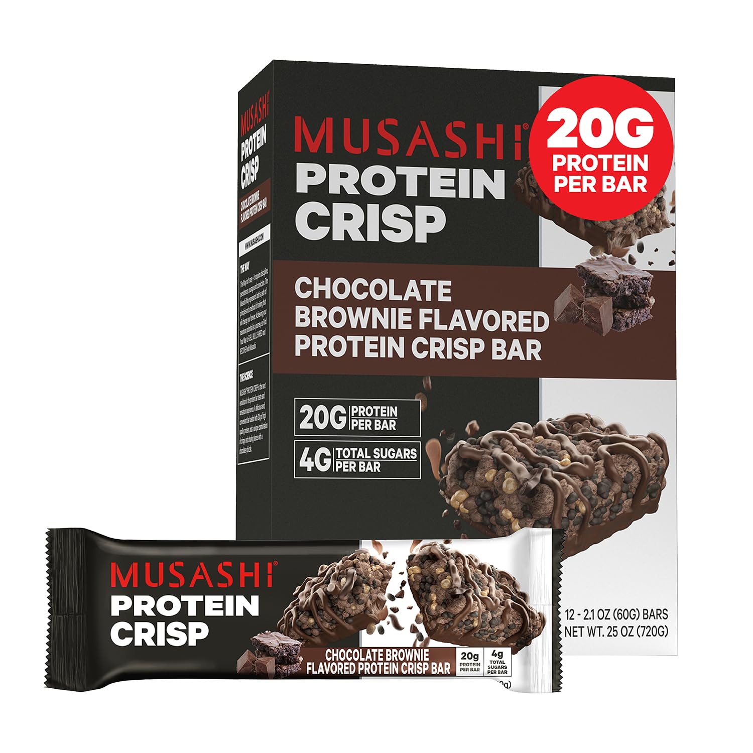 Musashi Protein Crisp Bar en emballage Chocolat Brownie, idéal après-entraînement.