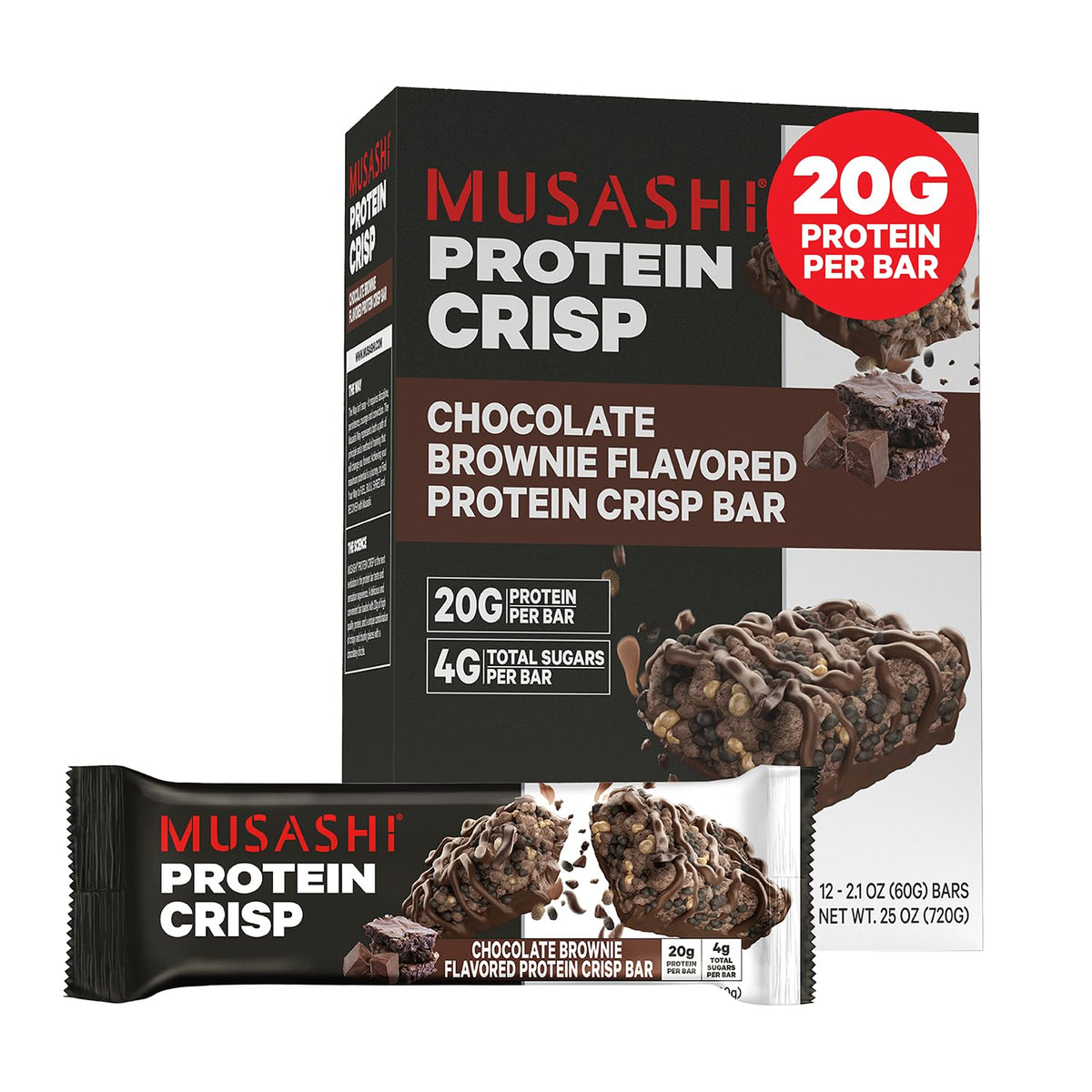 Musashi Protein Crisp Bar en emballage Chocolat Brownie, idéal après-entraînement.