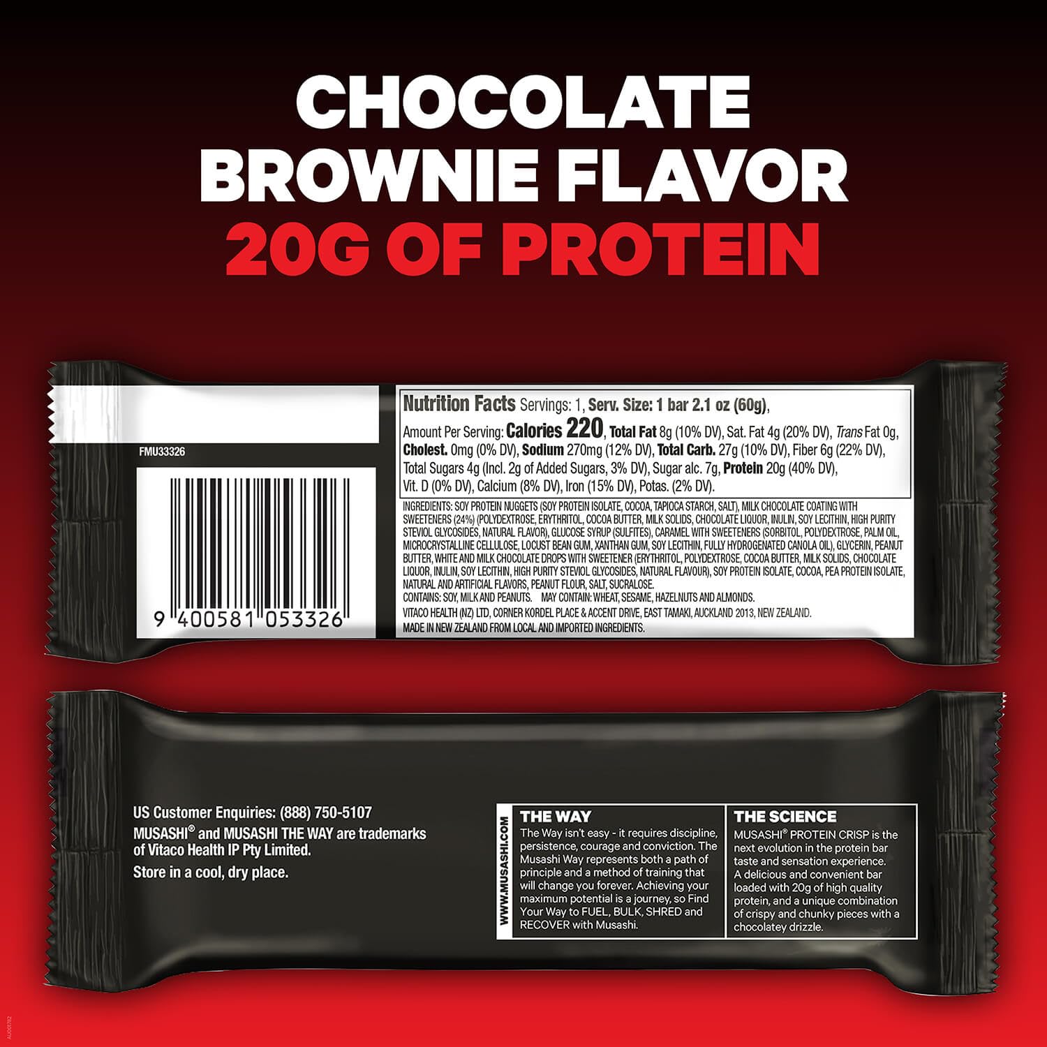 Ingrédients premium utilisés dans la Musashi Protein Crisp Bar pour une nutrition de qualité.