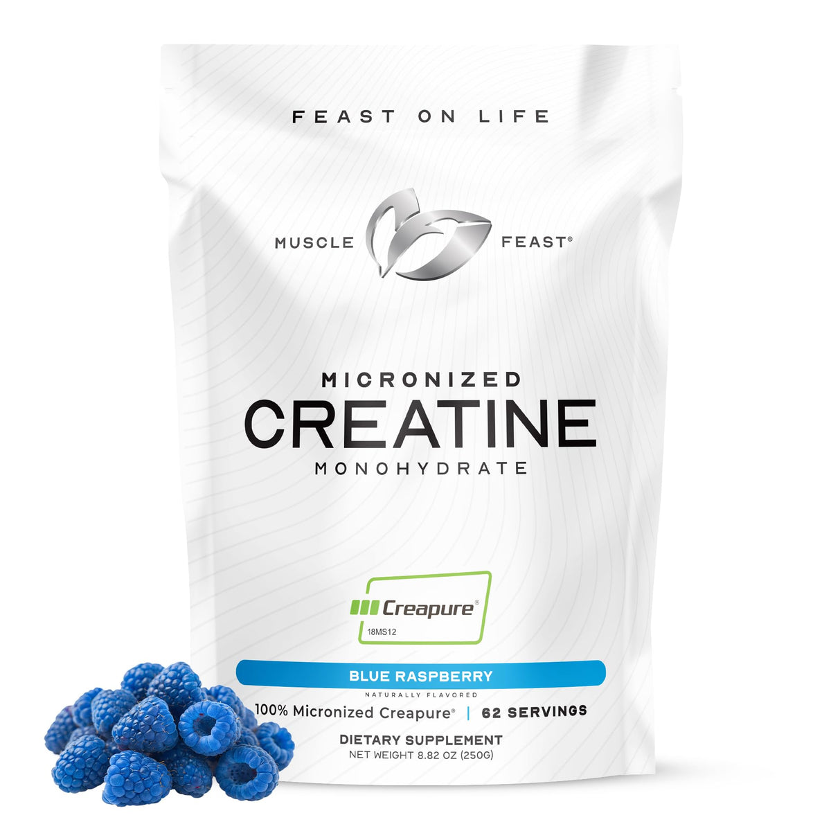Muscle Feast Creapure – bouteille Framboise Bleue, énergie durable pour l'entraînement.