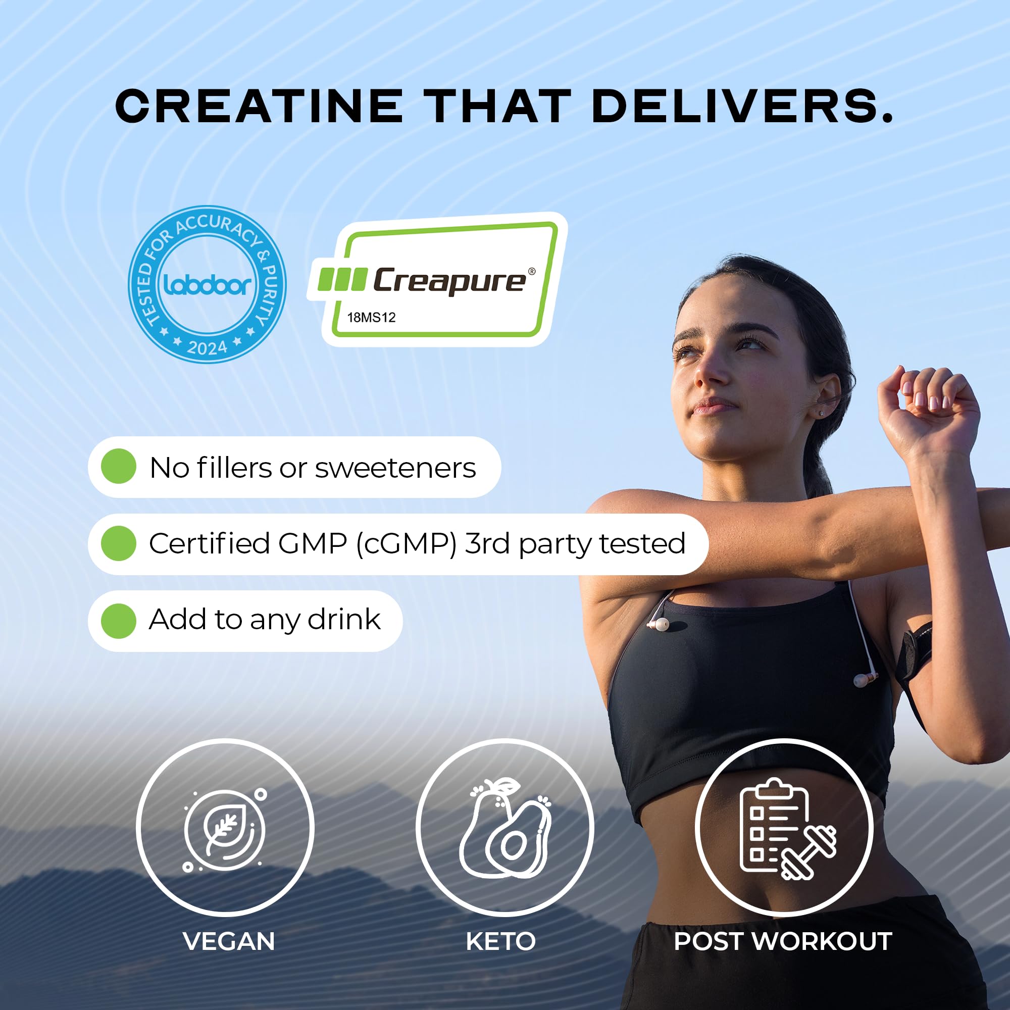 Muscle Feast Creapure: poudre sans gluten adaptée au keto et végétarien.