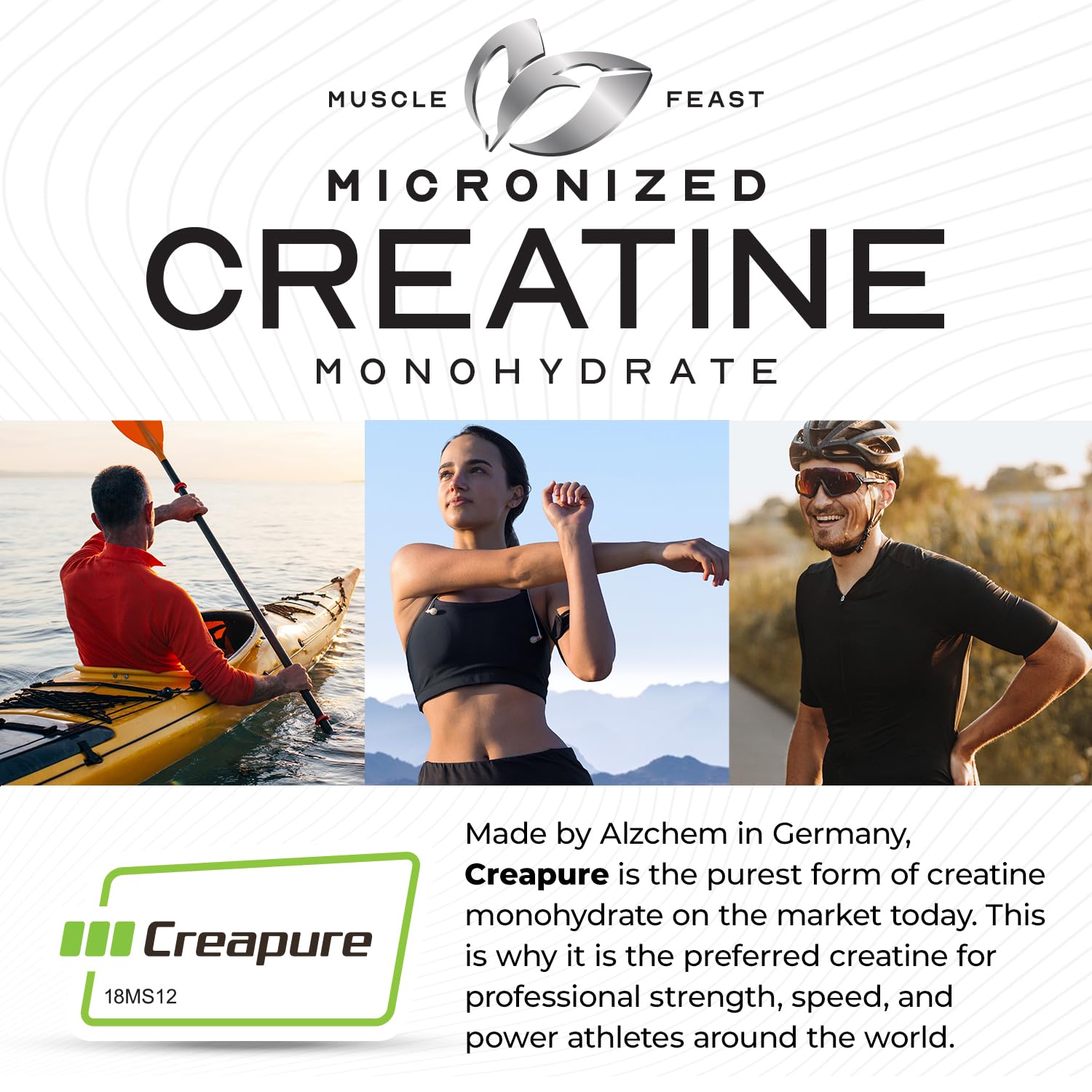 Sachet Muscle Feast Creapure – poudre micronisée se dissolvant facilement.