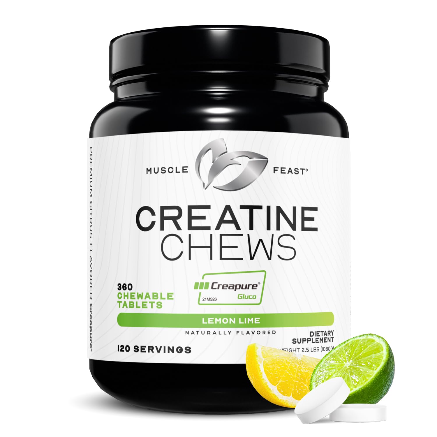 Muscle Feast Creatine Chews : bouteille citron-lime, prise pratique pour l entraînement.