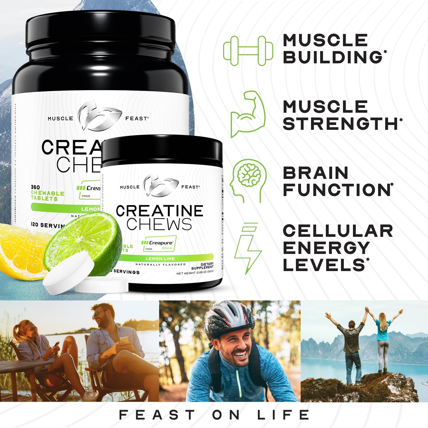 Muscle Feast Creatine Chews : etiquette Creapure garantissant pureté et traçabilité.