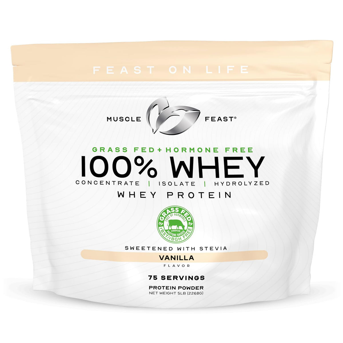 Muscle Feast protéine whey vanille: pot 5 lb, texture crémeuse prête à mélanger.