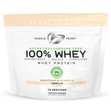 Muscle Feast protéine whey vanille: pot 5 lb, texture crémeuse prête à mélanger.