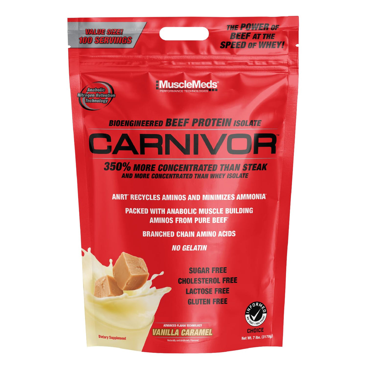 MuscleMeds Carnivor – bouteille avec étiquette montrant une protéine de boeuf isolée pour récupération ciblée