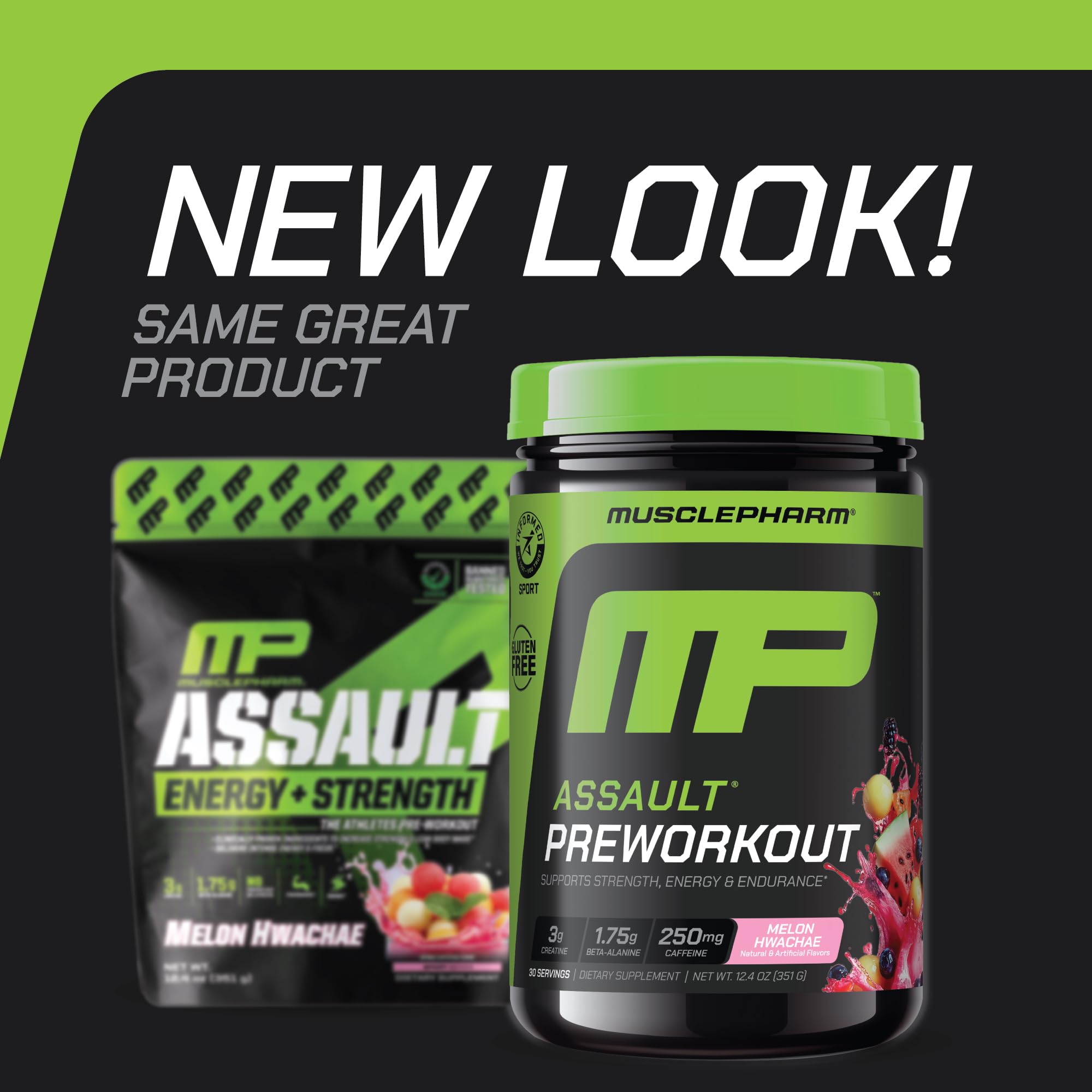 MusclePharm Assault – boîte montrant les dosages par portion.