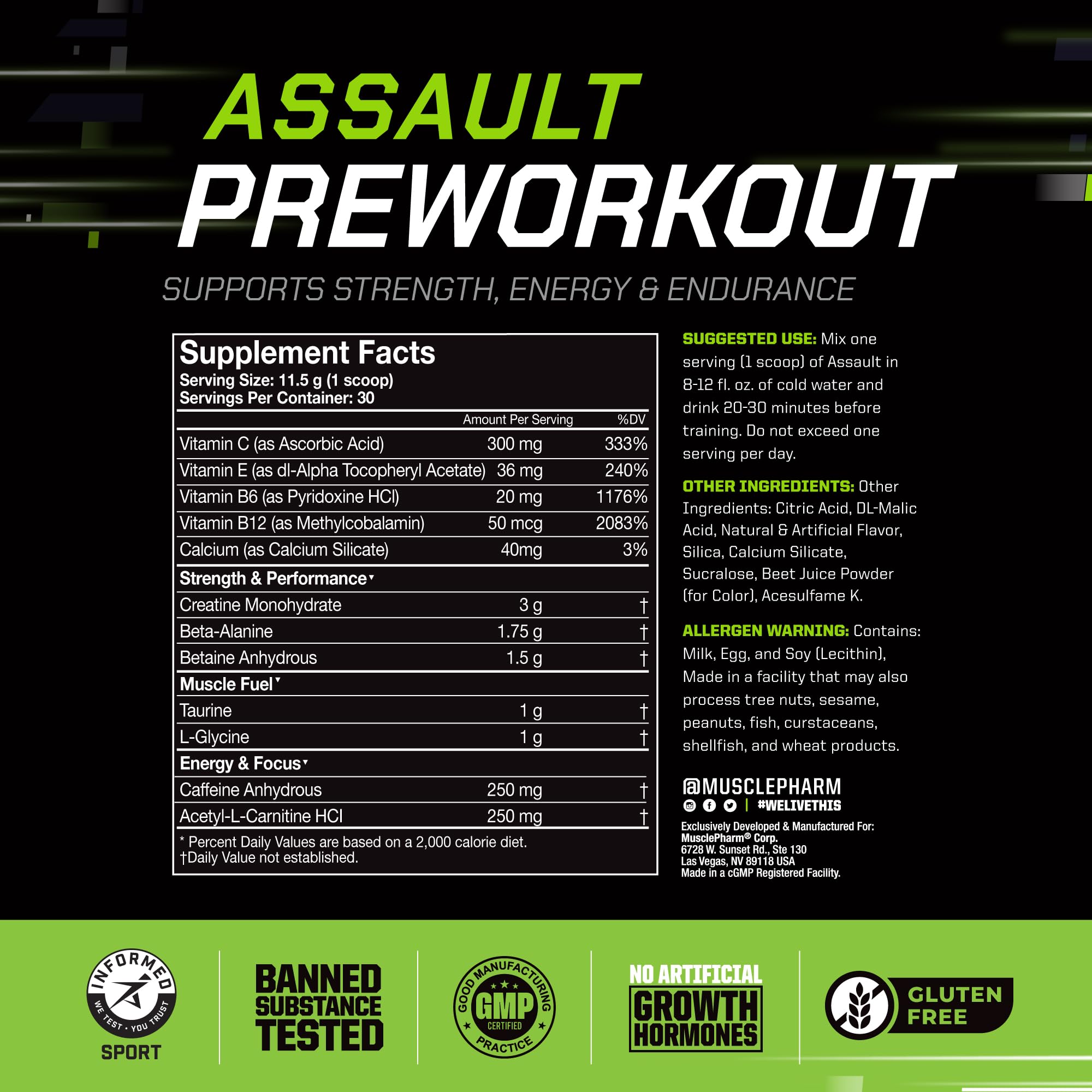 MusclePharm Assault créatine monohydrate soutenant les séries et la récupération