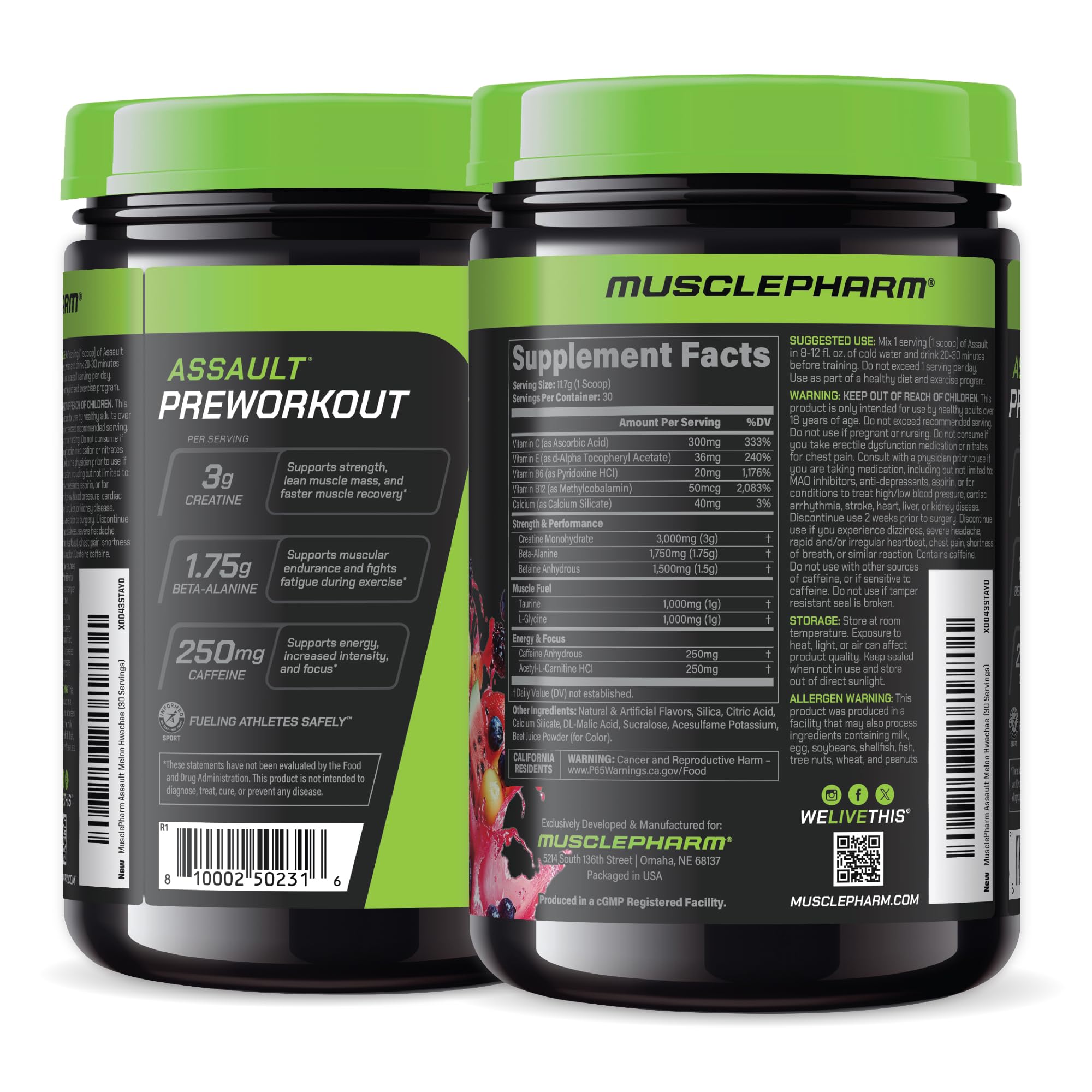 MusclePharm Assault – emballage et logo visibles pour la marque.