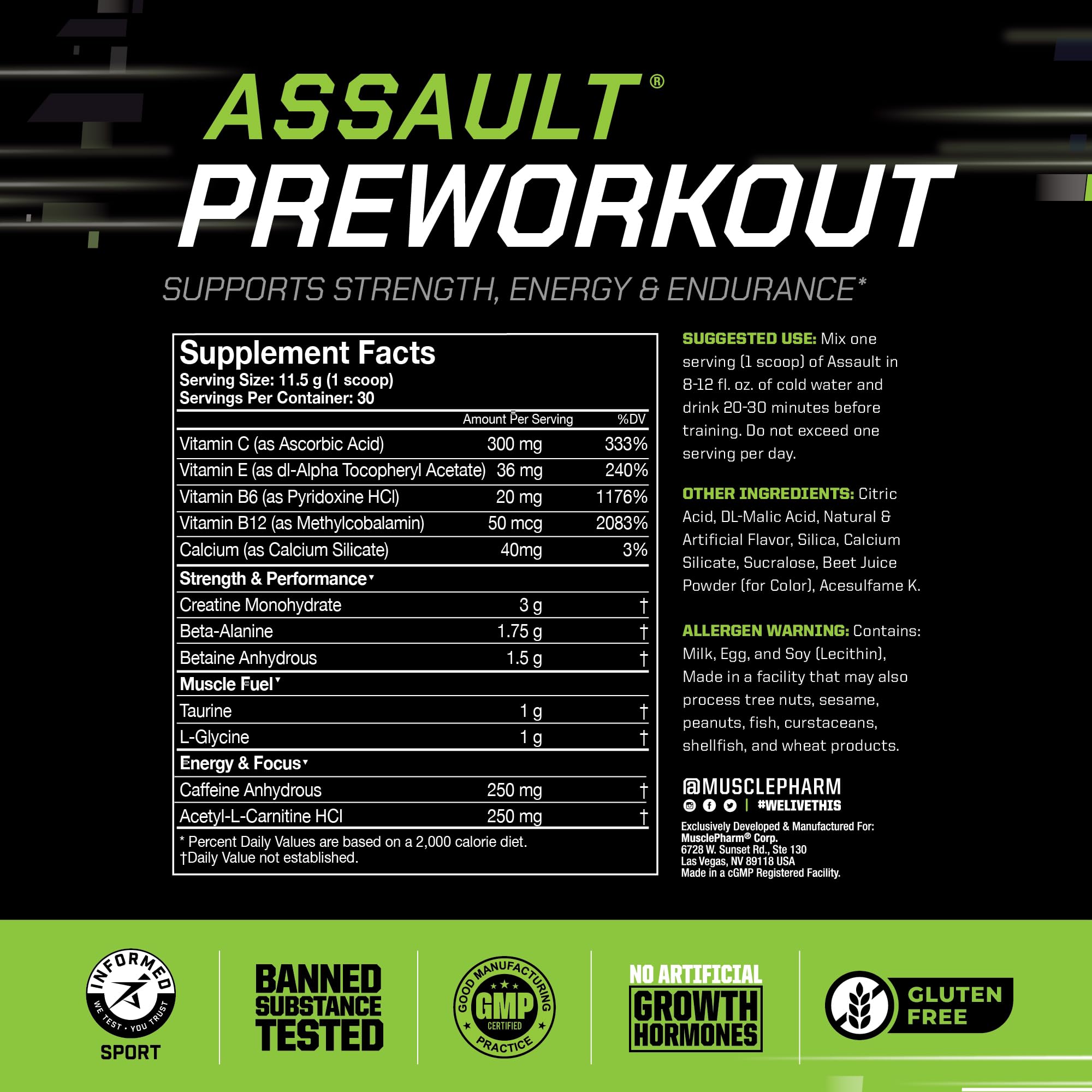 MusclePharm Assault – gobelet prêt à mélanger avec de l'eau froide.
