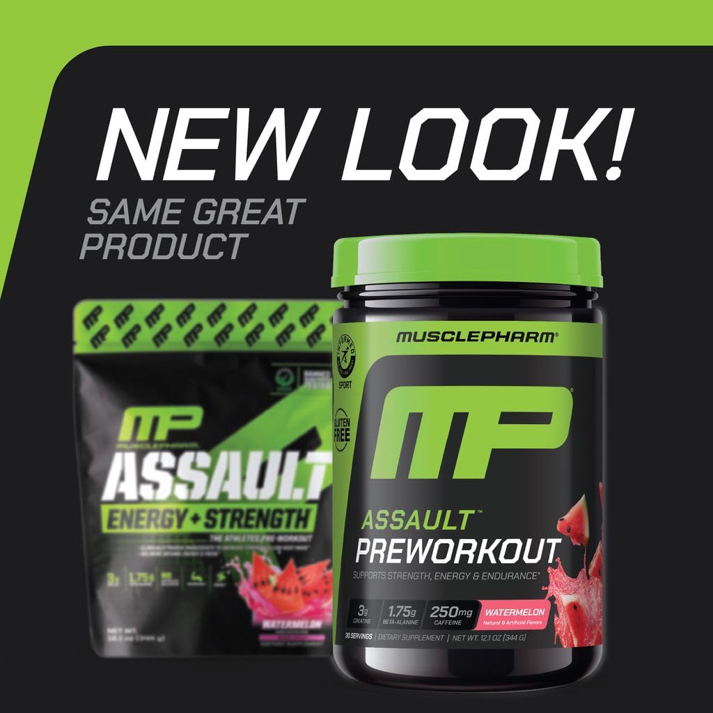 Étiquette MusclePharm Assault affichant ingrédients clés et zéro calorie.
