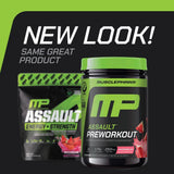 Étiquette MusclePharm Assault affichant ingrédients clés et zéro calorie.