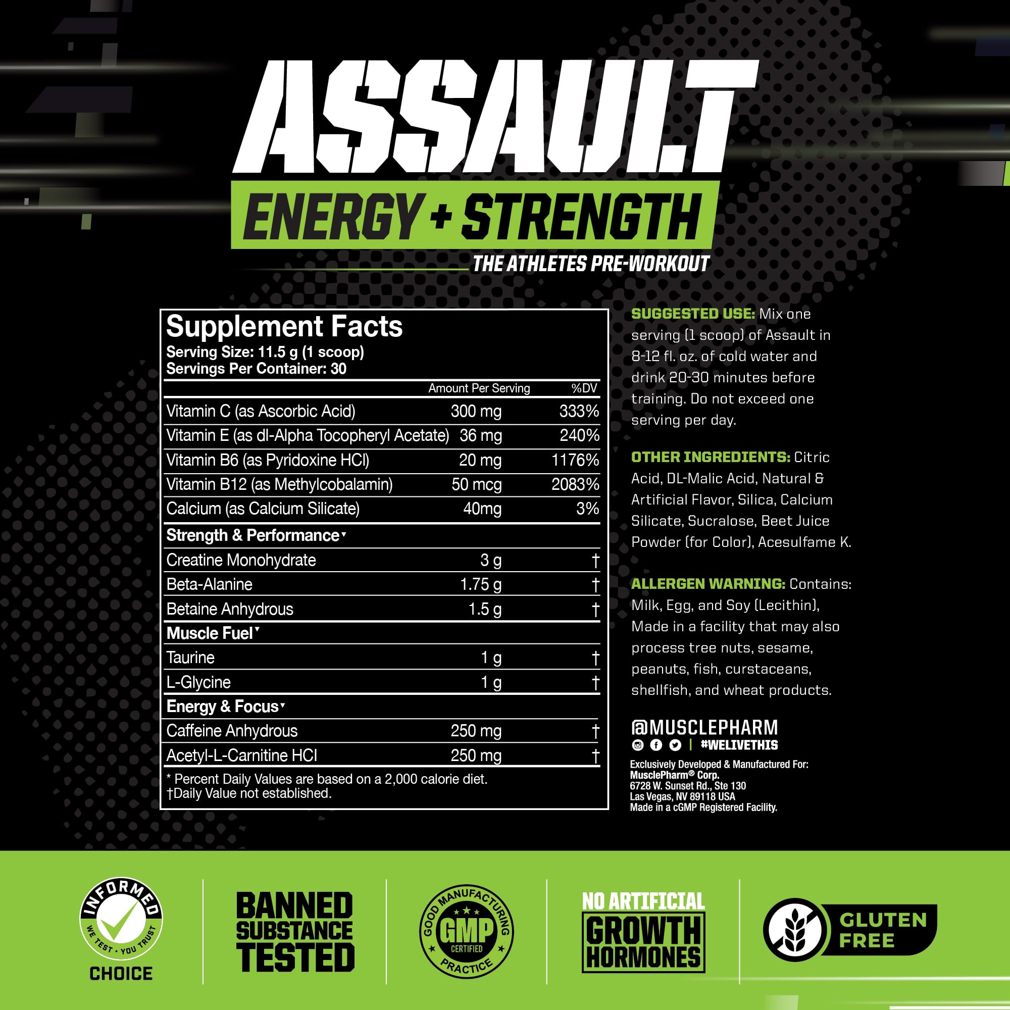 Cuillère-dose MusclePharm Assault facilitant le dosage avant séance.