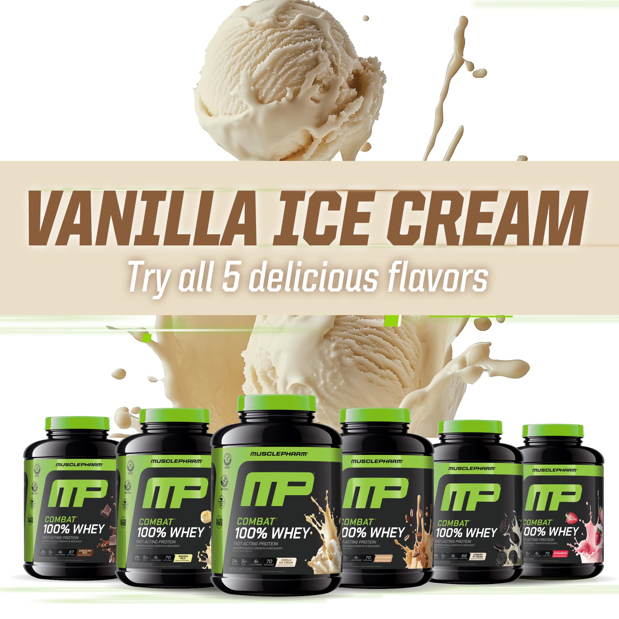 Après-entraînement MusclePharm Combat 100% Protéine vanille, récupération guidée en douceur.