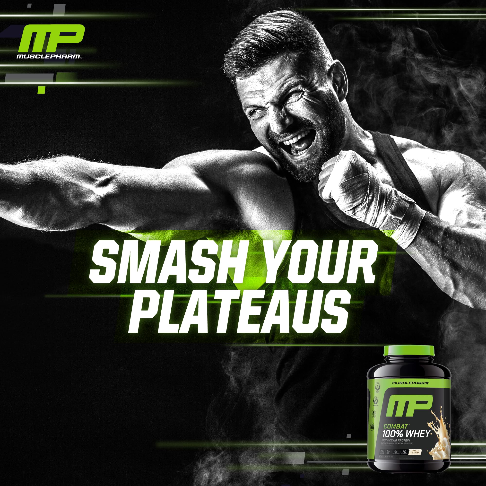 Avant-entraînement MusclePharm Combat 100% Protéine vanille, soutien potentiel après l’effort.