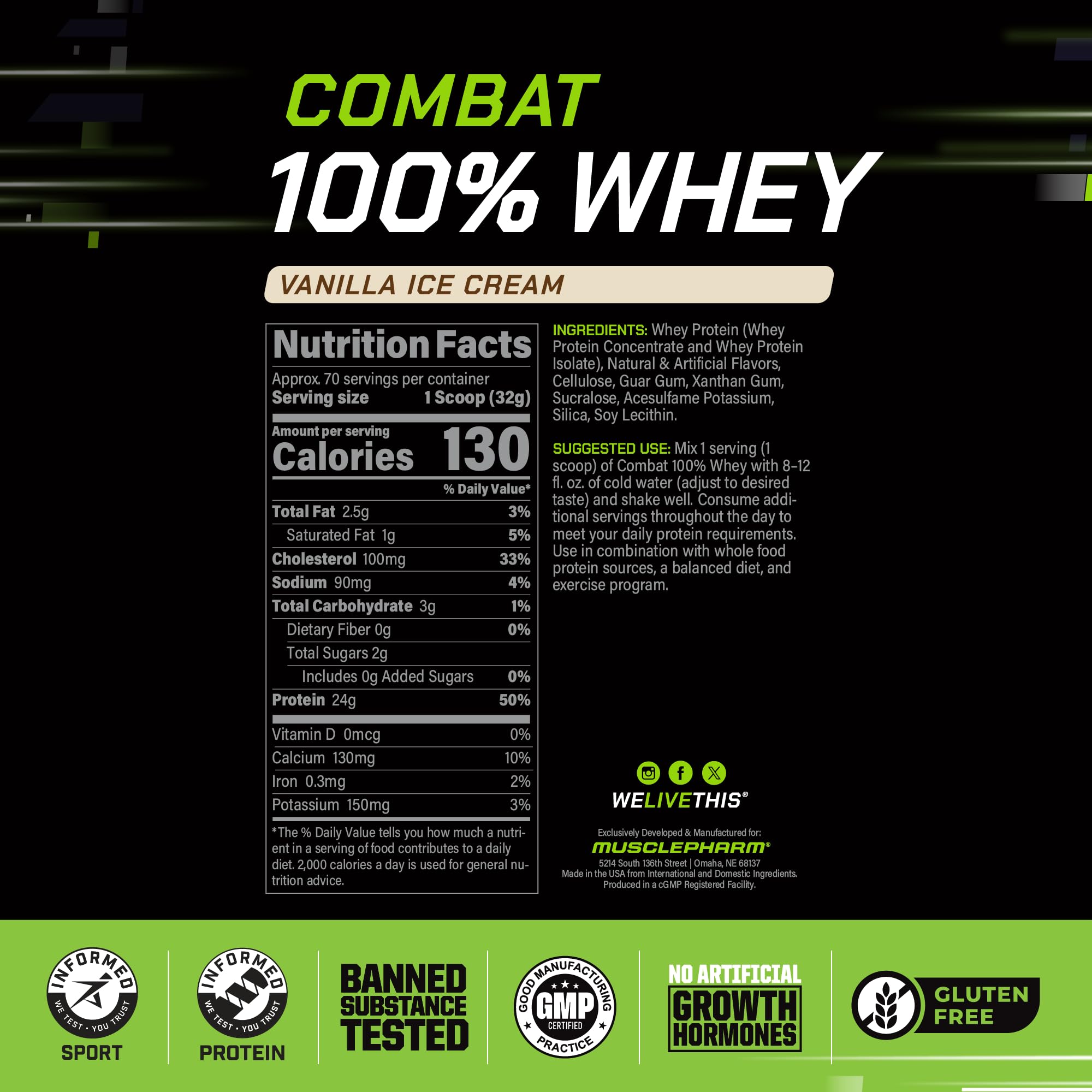 Étiquette MusclePharm Combat 100% Protéine de lactosérum vanille, sans gluten.