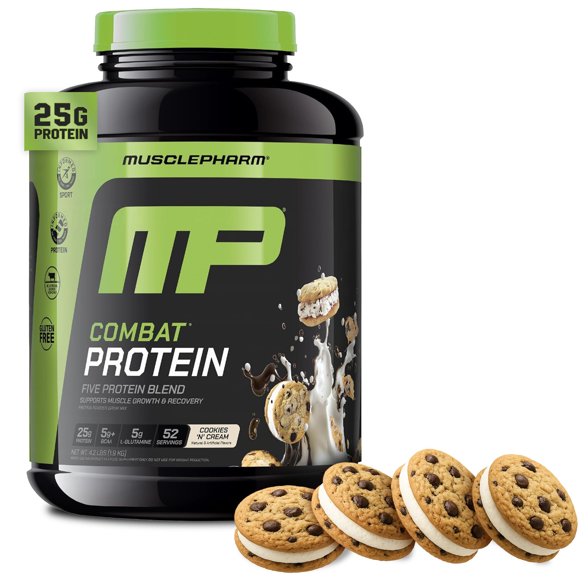 Bouteille MusclePharm Combat Protéine Cookies ’N’ Cream prête pour les séances intensives.