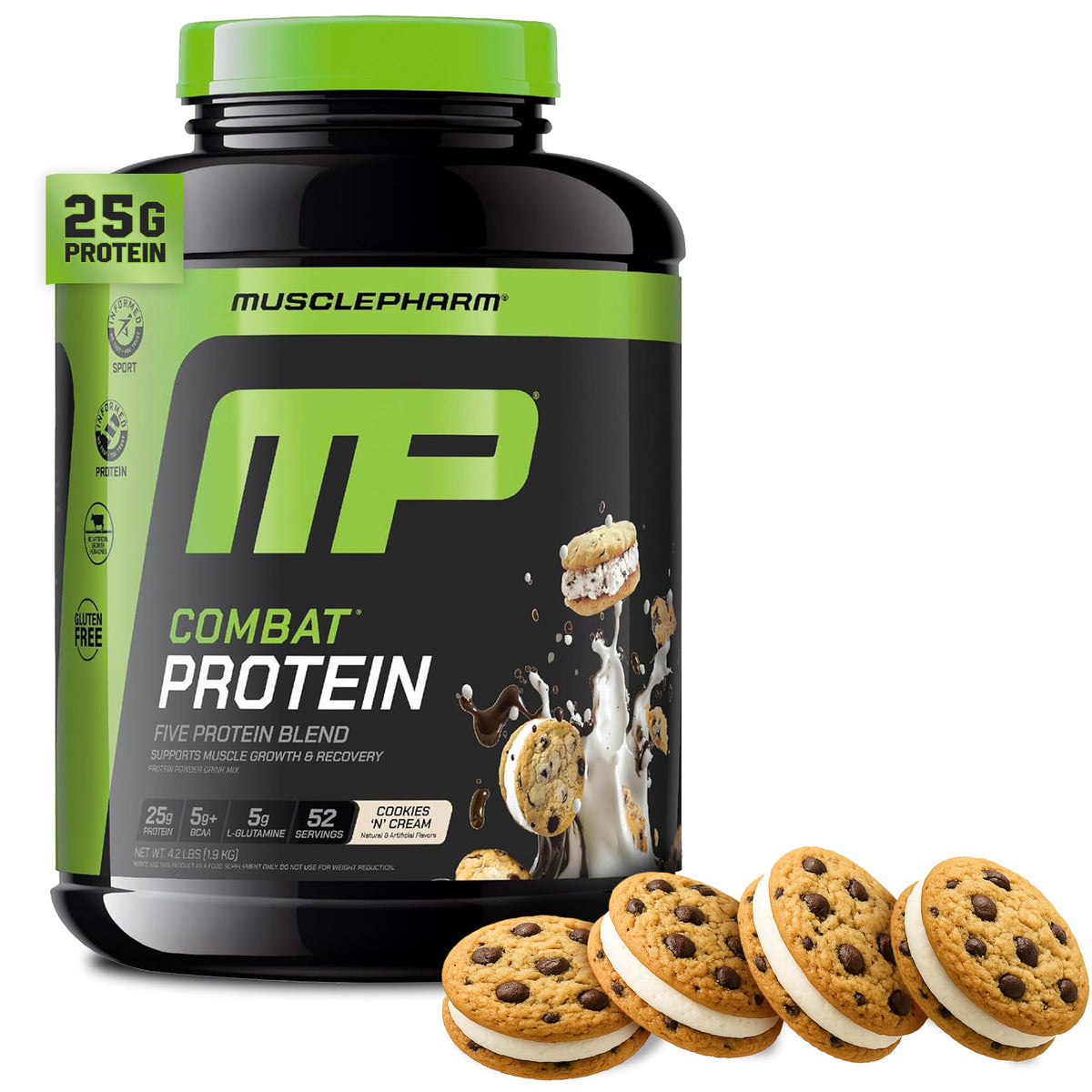Bouteille MusclePharm Combat Protéine Cookies ’N’ Cream prête pour les séances intensives.
