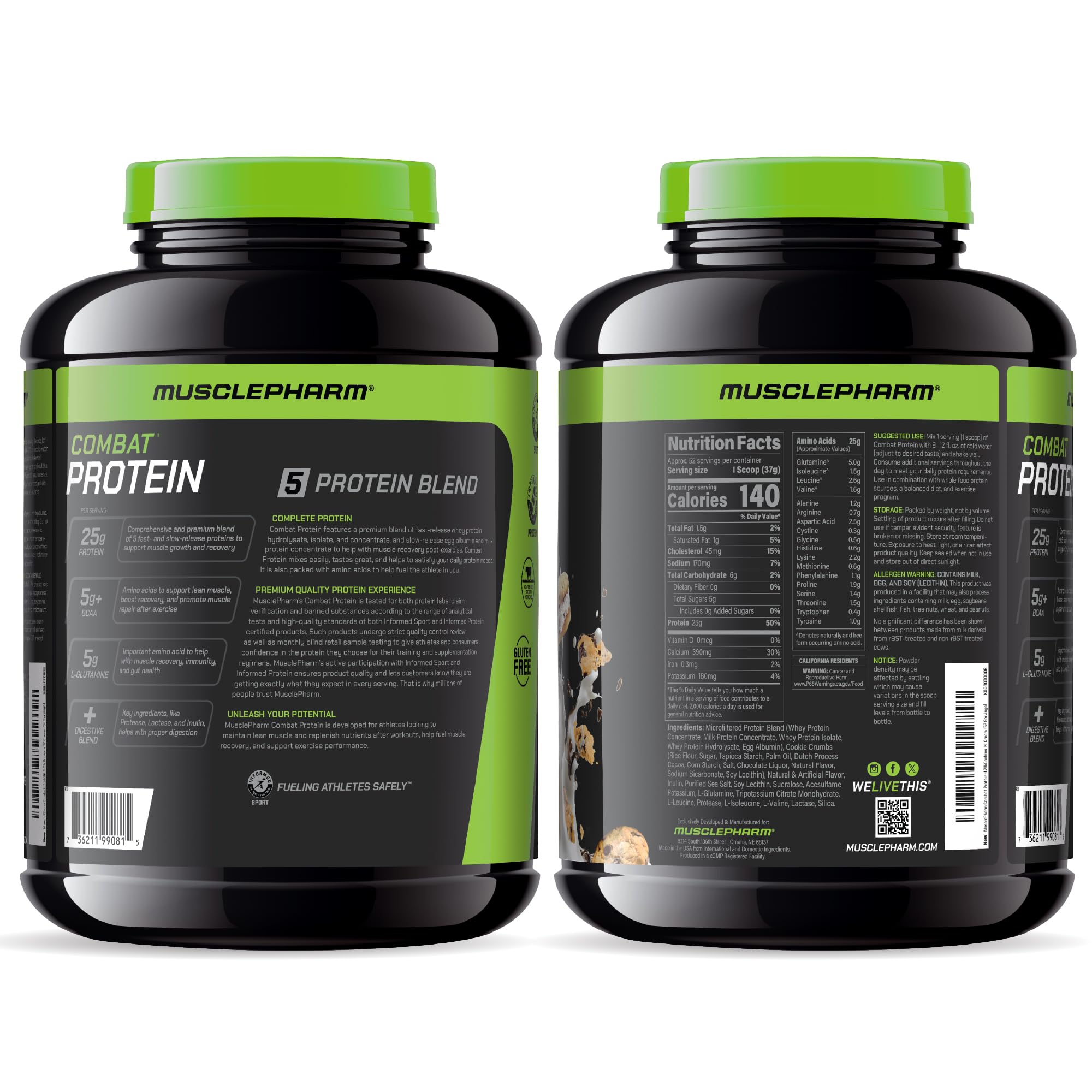 Sac de 4 lb MusclePharm Combat Protéine Cookies ’N’ Cream, pratique et polyvalent.