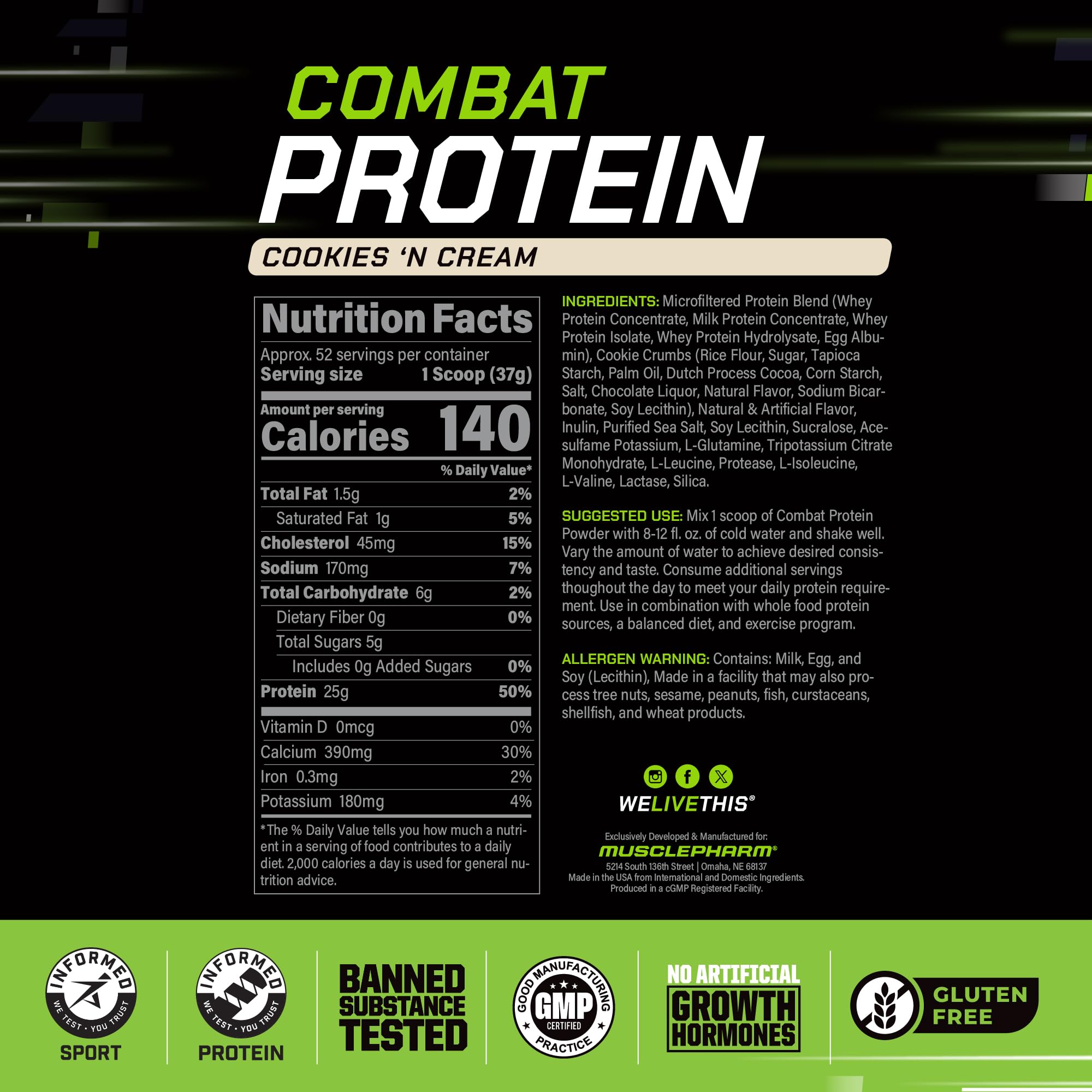 Logo sans gluten MusclePharm Combat Protéine Cookies ’N’ Cream sur l’emballage.
