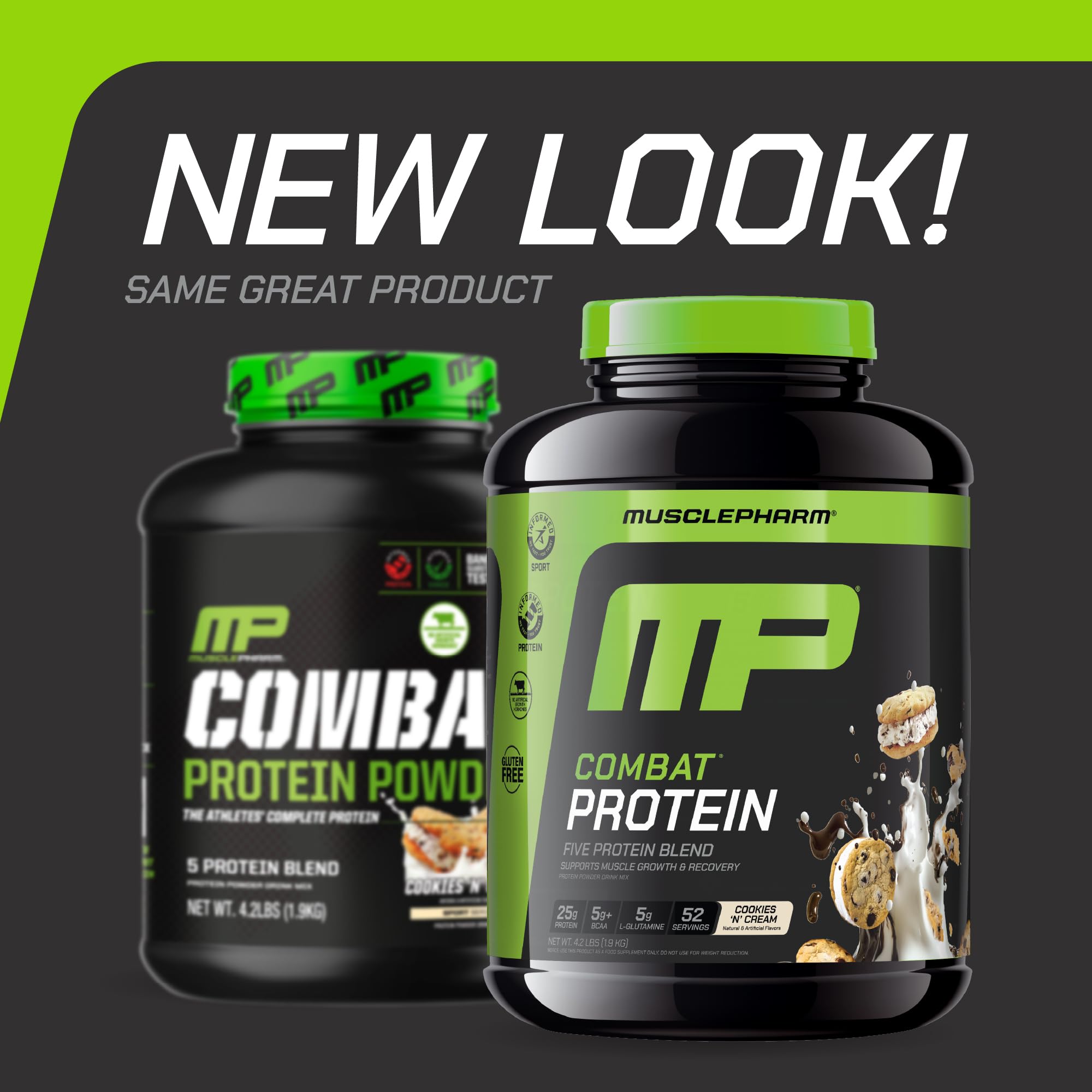 Cuillère de poudre MusclePharm Combat Protéine Cookies ’N’ Cream pour dosage facile après effort.