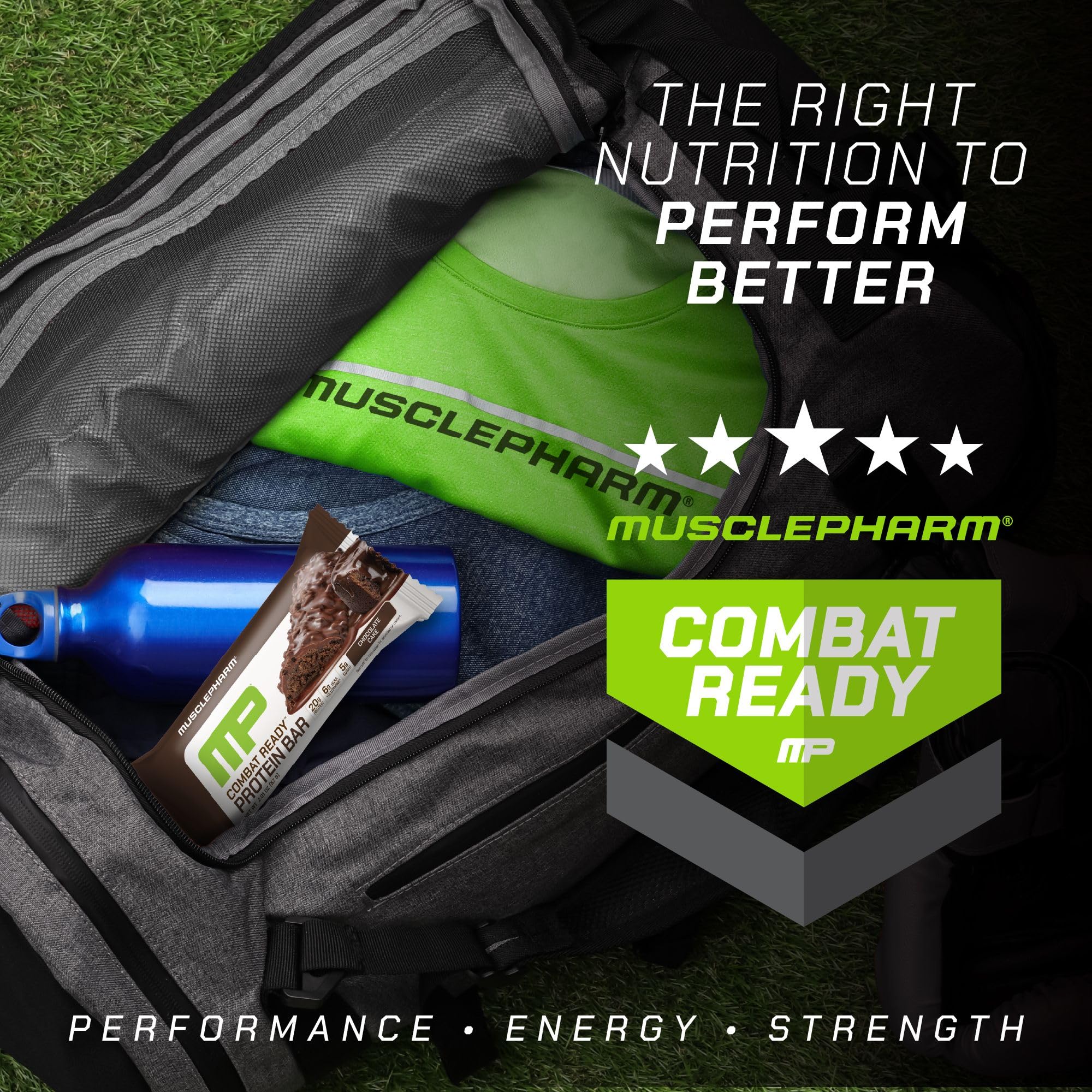 Barre MusclePharm Combat Sport chocolat gâteau, plaisir efficace pendant le sport et au bureau.
