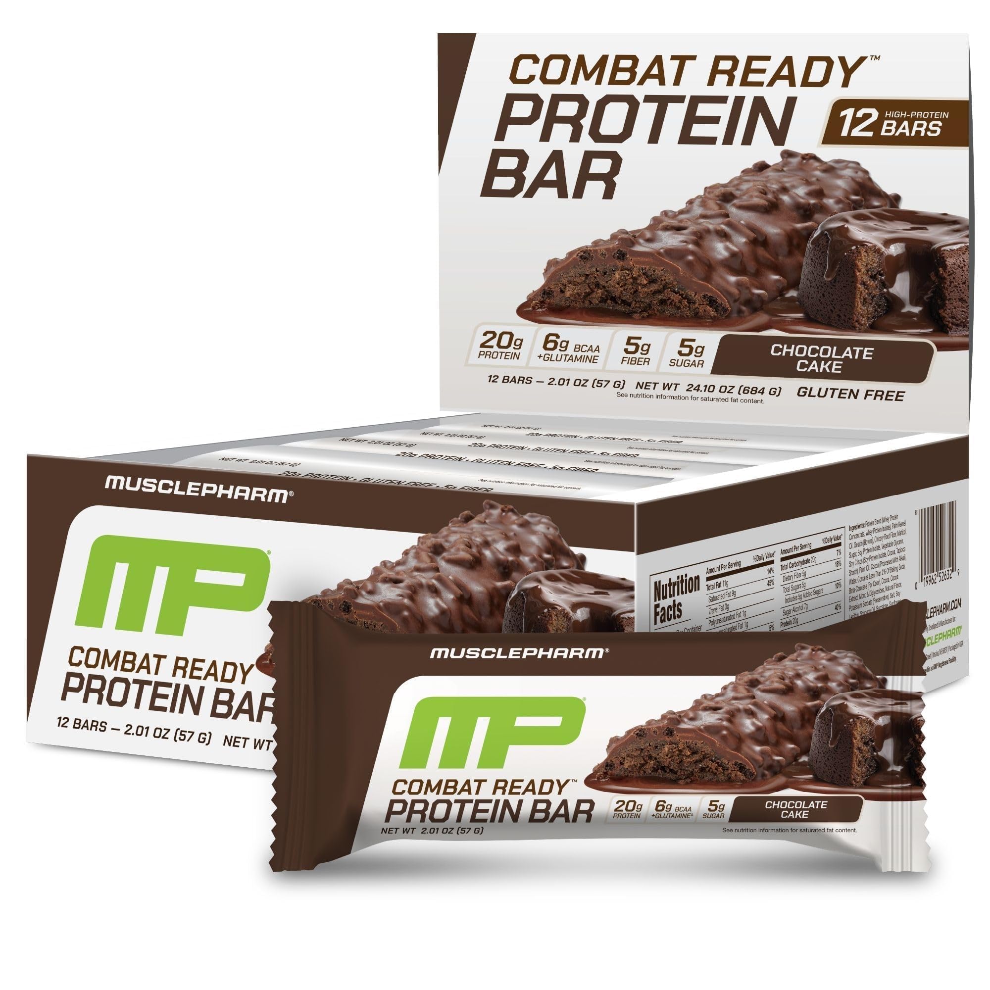 Barre MusclePharm Combat Sport chocolat gâteau, boîte: 20 g de protéine pour l'énergie durable.