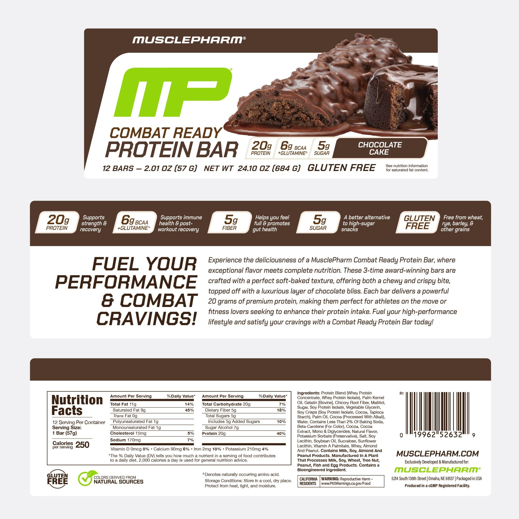 Barre MusclePharm Combat Sport chocolat gâteau, apport protéique pratique pour les déplacements.