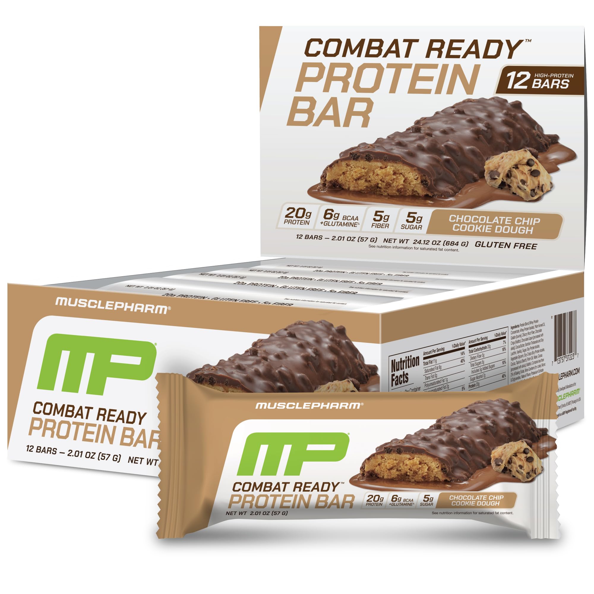 Barre MusclePharm Combat Sport Bar au chocolat cookie dough, dégustation gourmande.
