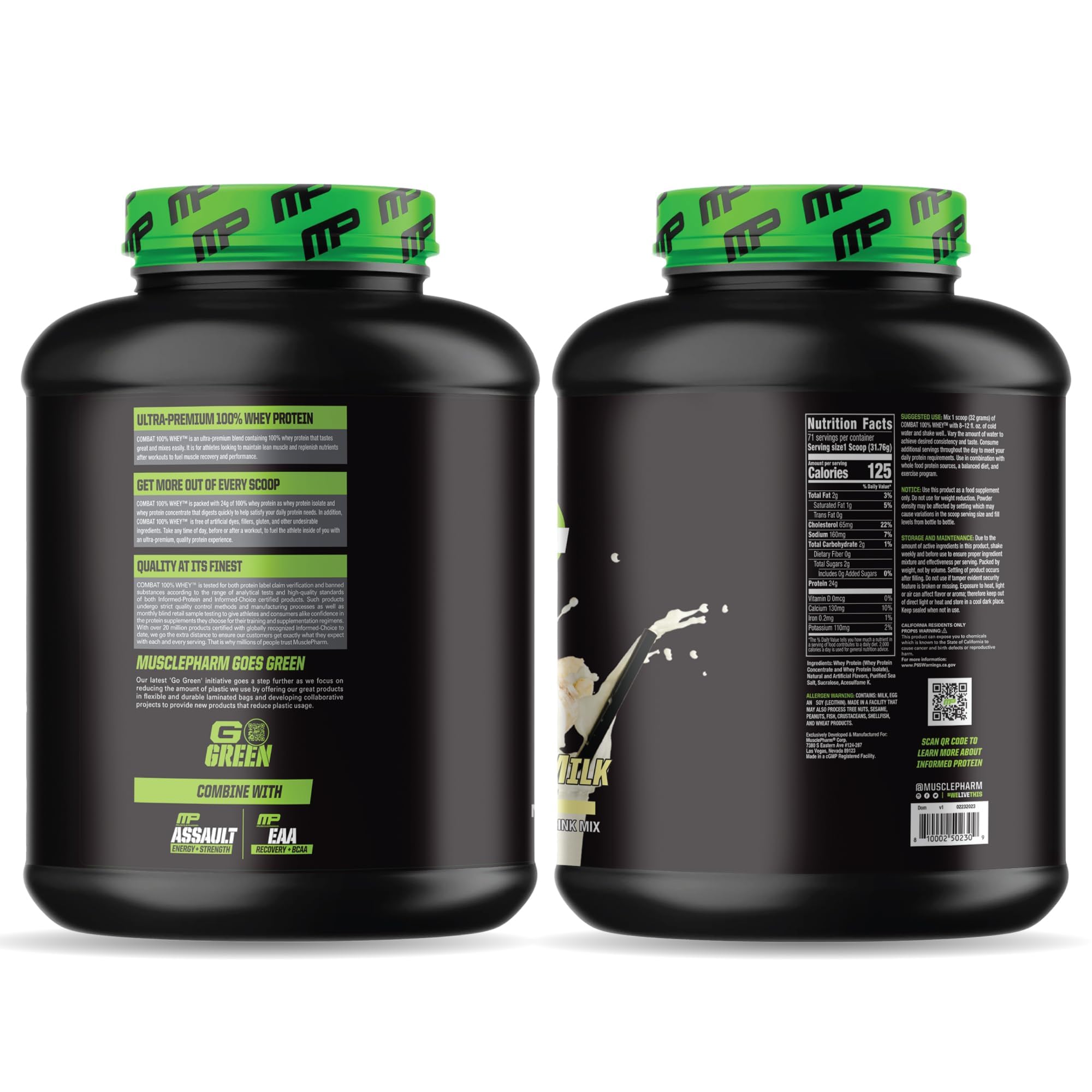 Boîte de 5 lb offrant 70 portions pratiques de MusclePharm Combat Whey Banane.