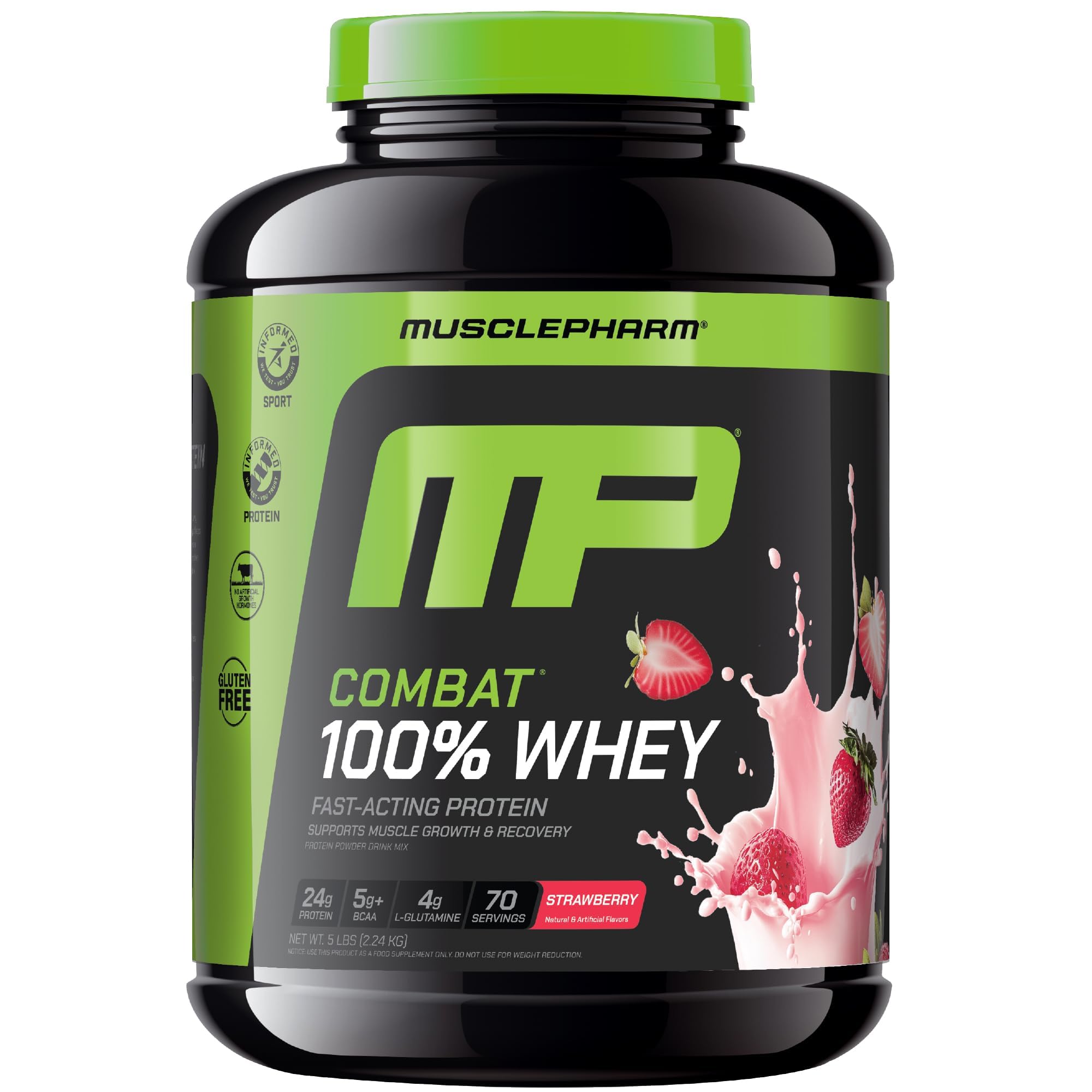 MusclePharm Combat Whey Fraise Crème, bouteille montrée, récupération musculaire renforcée.