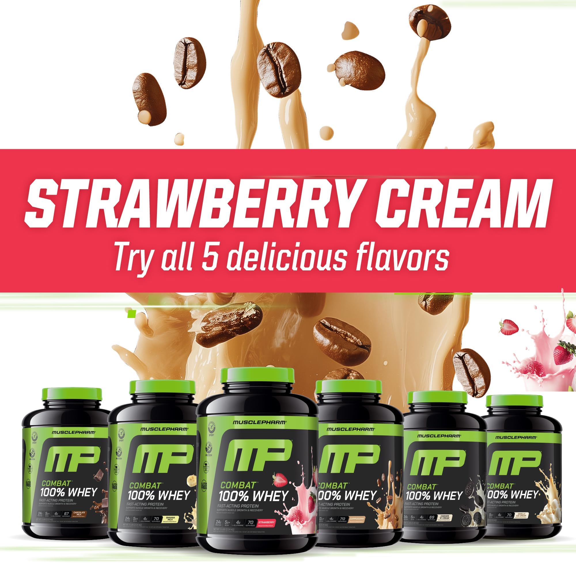 MusclePharm Combat Whey Fraise Crème, version sans gluten adaptée.